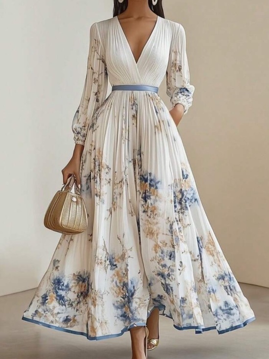 SHEIN Dresses & Skirts - Floral Pattern Printed Pleated Lantern Sleeve Crossover-Neck Dress